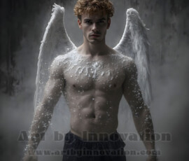Stunning AI-generated male angel art — handsome heavenly warriors with enormous shimmering wings descending from the celestial realm. Heaven's Warriors Collection by Jeff Dupler.