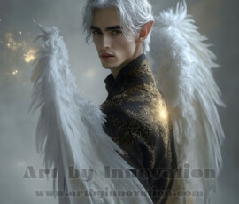 Stunning AI-generated male angel art — handsome heavenly warriors with enormous shimmering wings descending from the celestial realm. Heaven's Warriors Collection by Jeff Dupler.