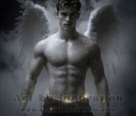 Stunning AI-generated male angel art — handsome heavenly warriors with enormous shimmering wings descending from the celestial realm. Heaven's Warriors Collection by Jeff Dupler.