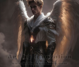 Stunning AI-generated male angel art — handsome heavenly warriors with enormous shimmering wings descending from the celestial realm. Heaven's Warriors Collection by Jeff Dupler.