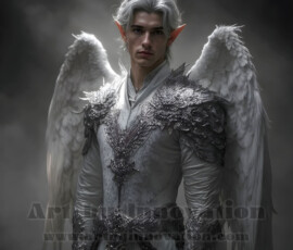 Stunning AI-generated male angel art — handsome heavenly warriors with enormous shimmering wings descending from the celestial realm. Heaven's Warriors Collection by Jeff Dupler.