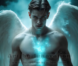 Stunning AI-generated male angel art — handsome heavenly warriors with enormous shimmering wings descending from the celestial realm. Heaven's Warriors Collection by Jeff Dupler.