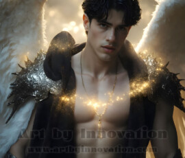 Stunning AI-generated male angel art — handsome heavenly warriors with enormous shimmering wings descending from the celestial realm. Heaven's Warriors Collection by Jeff Dupler.