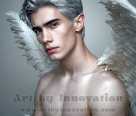 Stunning AI-generated male angel art — handsome heavenly warriors with enormous shimmering wings descending from the celestial realm. Heaven's Warriors Collection by Jeff Dupler.