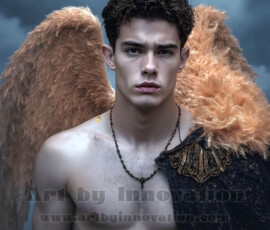 Stunning AI-generated male angel art — handsome heavenly warriors with enormous shimmering wings descending from the celestial realm. Heaven's Warriors Collection by Jeff Dupler.