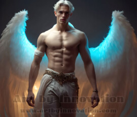 Stunning AI-generated male angel art — handsome heavenly warriors with enormous shimmering wings descending from the celestial realm. Heaven's Warriors Collection by Jeff Dupler.
