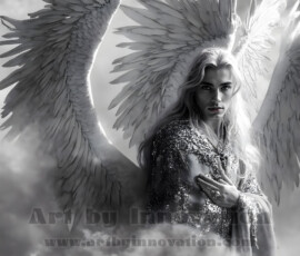 Stunning AI-generated male angel art — handsome heavenly warriors with enormous shimmering wings descending from the celestial realm. Heaven's Warriors Collection by Jeff Dupler.