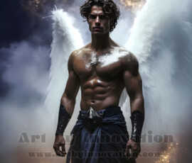 Stunning AI-generated male angel art — handsome heavenly warriors with enormous shimmering wings descending from the celestial realm. Heaven's Warriors Collection by Jeff Dupler.
