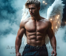 Stunning AI-generated male angel art — handsome heavenly warriors with enormous shimmering wings descending from the celestial realm. Heaven's Warriors Collection by Jeff Dupler.