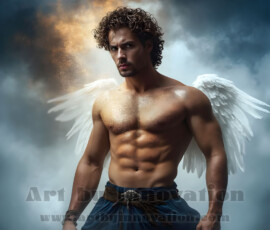 Stunning AI-generated male angel art — handsome heavenly warriors with enormous shimmering wings descending from the celestial realm. Heaven's Warriors Collection by Jeff Dupler.