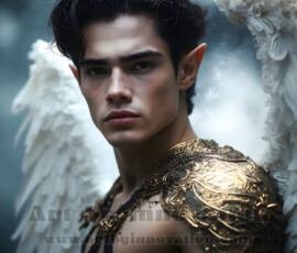 Stunning AI-generated male angel art — handsome heavenly warriors with enormous shimmering wings descending from the celestial realm. Heaven's Warriors Collection by Jeff Dupler.