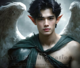 Stunning AI-generated male angel art — handsome heavenly warriors with enormous shimmering wings descending from the celestial realm. Heaven's Warriors Collection by Jeff Dupler.