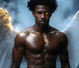 Stunning AI-generated male angel art — handsome heavenly warriors with enormous shimmering wings descending from the celestial realm. Heaven's Warriors Collection by Jeff Dupler.