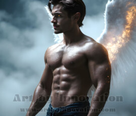 Stunning AI-generated male angel art — handsome heavenly warriors with enormous shimmering wings descending from the celestial realm. Heaven's Warriors Collection by Jeff Dupler.