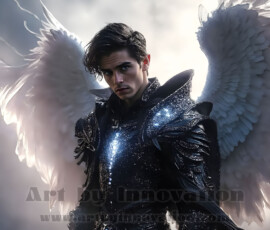 Stunning AI-generated male angel art — handsome heavenly warriors with enormous shimmering wings descending from the celestial realm. Heaven's Warriors Collection by Jeff Dupler.