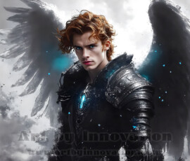 Stunning AI-generated male angel art — handsome heavenly warriors with enormous shimmering wings descending from the celestial realm. Heaven's Warriors Collection by Jeff Dupler.