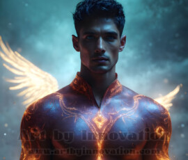 Stunning AI-generated male angel art — handsome heavenly warriors with enormous shimmering wings descending from the celestial realm. Heaven's Warriors Collection by Jeff Dupler.