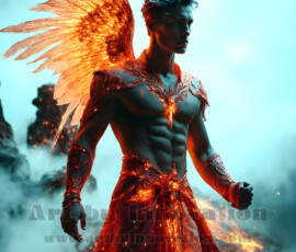 Stunning AI-generated male angel art — handsome heavenly warriors with enormous shimmering wings descending from the celestial realm. Heaven's Warriors Collection by Jeff Dupler.
