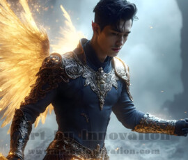 Stunning AI-generated male angel art — handsome heavenly warriors with enormous shimmering wings descending from the celestial realm. Heaven's Warriors Collection by Jeff Dupler.