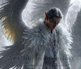 Stunning AI-generated male angel art — handsome heavenly warriors with enormous shimmering wings descending from the celestial realm. Heaven's Warriors Collection by Jeff Dupler.