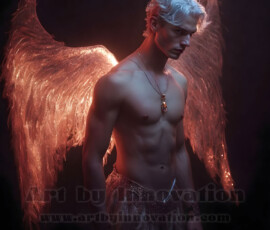 Stunning AI-generated male angel art — handsome heavenly warriors with enormous shimmering wings descending from the celestial realm. Heaven's Warriors Collection by Jeff Dupler.