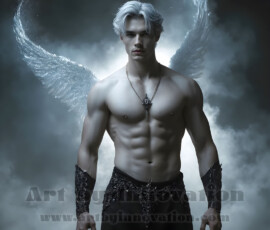 Stunning AI-generated male angel art — handsome heavenly warriors with enormous shimmering wings descending from the celestial realm. Heaven's Warriors Collection by Jeff Dupler.