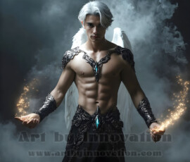 Stunning AI-generated male angel art — handsome heavenly warriors with enormous shimmering wings descending from the celestial realm. Heaven's Warriors Collection by Jeff Dupler.
