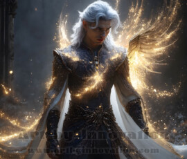 Stunning AI-generated male angel art — handsome heavenly warriors with enormous shimmering wings descending from the celestial realm. Heaven's Warriors Collection by Jeff Dupler.