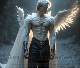 Stunning AI-generated male angel art — handsome heavenly warriors with enormous shimmering wings descending from the celestial realm. Heaven's Warriors Collection by Jeff Dupler.