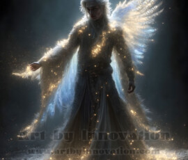 Stunning AI-generated male angel art — handsome heavenly warriors with enormous shimmering wings descending from the celestial realm. Heaven's Warriors Collection by Jeff Dupler.