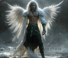 Stunning AI-generated male angel art — handsome heavenly warriors with enormous shimmering wings descending from the celestial realm. Heaven's Warriors Collection by Jeff Dupler.