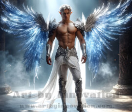 Stunning AI-generated male angel art — handsome heavenly warriors with enormous shimmering wings descending from the celestial realm. Heaven's Warriors Collection by Jeff Dupler.