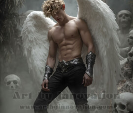 Stunning AI-generated male angel art — handsome heavenly warriors with enormous shimmering wings descending from the celestial realm. Heaven's Warriors Collection by Jeff Dupler.