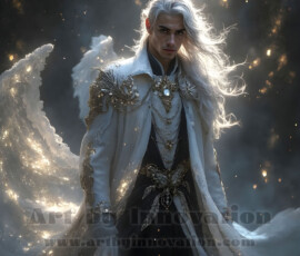 Stunning AI-generated male angel art — handsome heavenly warriors with enormous shimmering wings descending from the celestial realm. Heaven's Warriors Collection by Jeff Dupler.