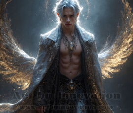 Stunning AI-generated male angel art — handsome heavenly warriors with enormous shimmering wings descending from the celestial realm. Heaven's Warriors Collection by Jeff Dupler.