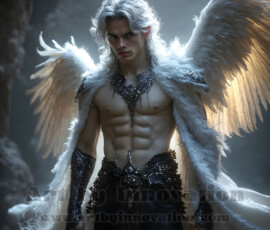 Stunning AI-generated male angel art — handsome heavenly warriors with enormous shimmering wings descending from the celestial realm. Heaven's Warriors Collection by Jeff Dupler.