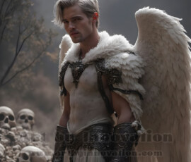 Stunning AI-generated male angel art — handsome heavenly warriors with enormous shimmering wings descending from the celestial realm. Heaven's Warriors Collection by Jeff Dupler.