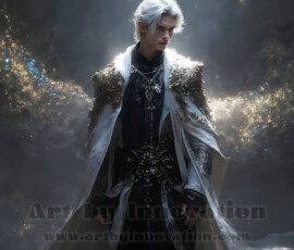 Stunning AI-generated male angel art — handsome heavenly warriors with enormous shimmering wings descending from the celestial realm. Heaven's Warriors Collection by Jeff Dupler.