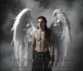 Stunning AI-generated male angel art — handsome heavenly warriors with enormous shimmering wings descending from the celestial realm. Heaven's Warriors Collection by Jeff Dupler.