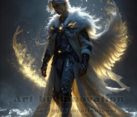 Stunning AI-generated male angel art — handsome heavenly warriors with enormous shimmering wings descending from the celestial realm. Heaven's Warriors Collection by Jeff Dupler.