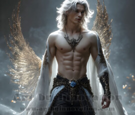 Stunning AI-generated male angel art — handsome heavenly warriors with enormous shimmering wings descending from the celestial realm. Heaven's Warriors Collection by Jeff Dupler.
