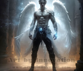Stunning AI-generated male angel art — handsome heavenly warriors with enormous shimmering wings descending from the celestial realm. Heaven's Warriors Collection by Jeff Dupler.