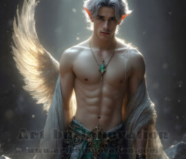 Stunning AI-generated male angel art — handsome heavenly warriors with enormous shimmering wings descending from the celestial realm. Heaven's Warriors Collection by Jeff Dupler.