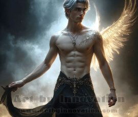 Stunning AI-generated male angel art — handsome heavenly warriors with enormous shimmering wings descending from the celestial realm. Heaven's Warriors Collection by Jeff Dupler.