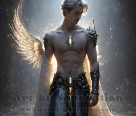 Stunning AI-generated male angel art — handsome heavenly warriors with enormous shimmering wings descending from the celestial realm. Heaven's Warriors Collection by Jeff Dupler.