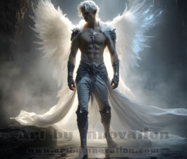 Stunning AI-generated male angel art — handsome heavenly warriors with enormous shimmering wings descending from the celestial realm. Heaven's Warriors Collection by Jeff Dupler.