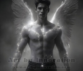Stunning AI-generated male angel art — handsome heavenly warriors with enormous shimmering wings descending from the celestial realm. Heaven's Warriors Collection by Jeff Dupler.