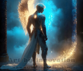 Stunning AI-generated male angel art — handsome heavenly warriors with enormous shimmering wings descending from the celestial realm. Heaven's Warriors Collection by Jeff Dupler.