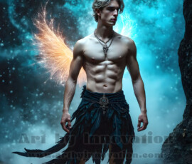 Stunning AI-generated male angel art — handsome heavenly warriors with enormous shimmering wings descending from the celestial realm. Heaven's Warriors Collection by Jeff Dupler.