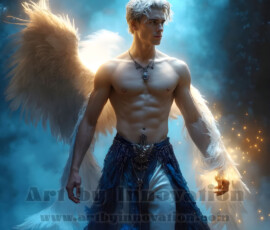 Stunning AI-generated male angel art — handsome heavenly warriors with enormous shimmering wings descending from the celestial realm. Heaven's Warriors Collection by Jeff Dupler.